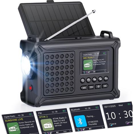 Radio d'urgence Dab+/FM avec Bluetooth, Radio Numérique Portable 12000mAh avec Panneau Solaire 8500mm² & Manivelle 650mA, Écran Couleur 2,4", 80 Stations, SOS, Lampe LED, USB, IPX6 pour Camping (1/5)