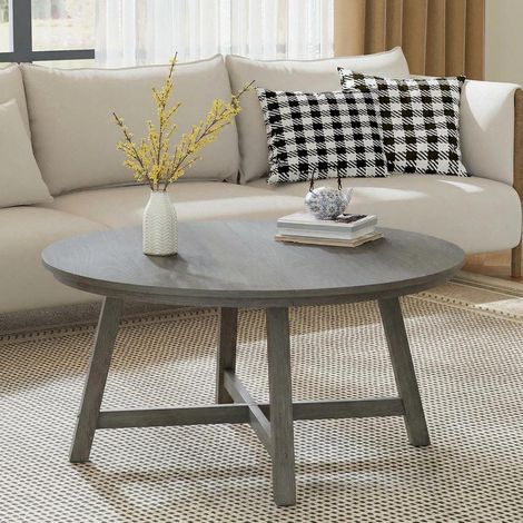 Table Basse Ronde 91,5 cm en Bois Gris, Pieds Métalliques Réglables (1/5)