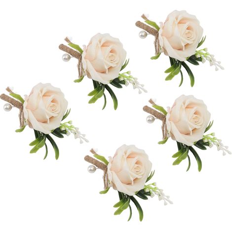 Lot de 5 boutonnières de mariage avec épingles à nourrice et fleurs artificielles en plastique, pour la mariée et le marié, couleur champagne. (1/5)
