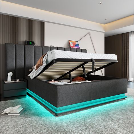 Cama con almacenaje 160x200 cm gris de lino con LED, puertos USB-C y somier (1/5)