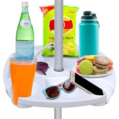 17-Zoll-Strand-Sonnenschirm-Tischplatte mit 4 Getränkehaltern, 4 Snackfächern, Weiß (1/5)
