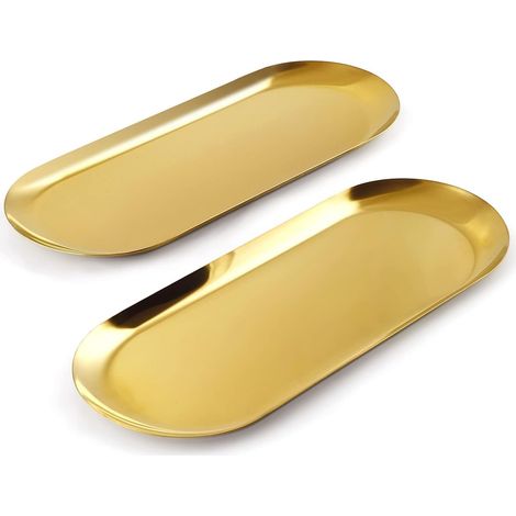 Juego de 2 bandejas ovaladas de acero inoxidable chapadas en oro – 30x12,5 cm – para joyas, cosméticos, postres – lujo