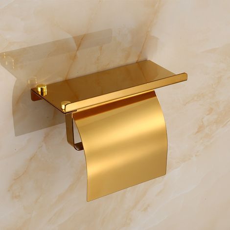Wall-Mounted Toilet Paper Holder with Phone Shelf, 304 Stainless Steel Toilet Roll Holder with Storage Platform, Gold (1/5)