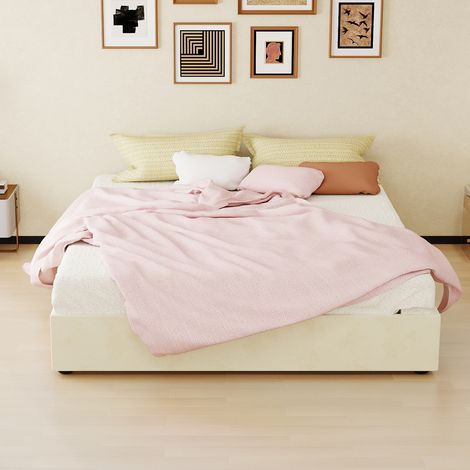 Cadre de lit contemporain 160x200 cm, beige, en velours de Hollande, équipé de vérins pneumatiques, meuble de chambre design, sans sommier ni tête de lit.