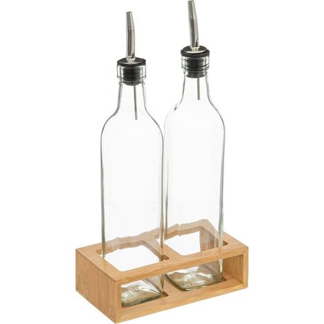 Set mit 2 Olivenölflaschen aus Glas mit Bambusboden (1/5)