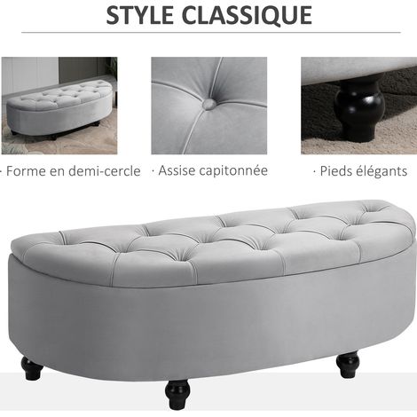 HOMCOM Banc rangement demi-cercle velours hévéa salon chambre entrée 120x46x42 cm gris (1/5)