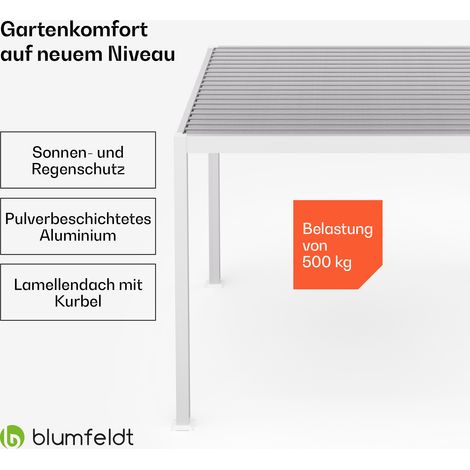 Blumfeldt Pavillon 3x3, Wasserdicht Stabil Winterfest, Lamellendach Verzinkter Stahl, Pulverbeschichteter Aluminiumrahmen, Wetterfest, Weiß