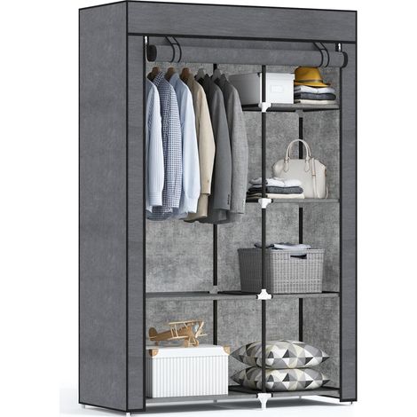 Armoire penderie multi-rangement avec 6 étagères et 1 barre, en tissu non tissé gris, design pratique et léger, idéal pour chambre ou dressing