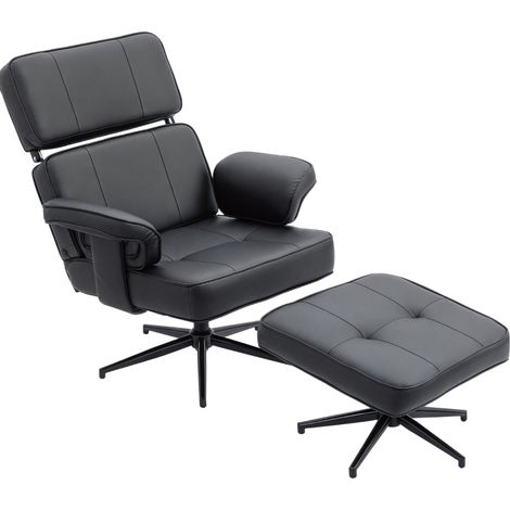 Poltrona relax reclinabile con poggiapiedi in similpelle nera e base in metallo (1/5)