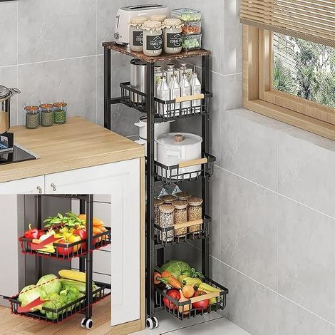 Panier en Fil métallique avec Roues, Chariot de légumes et de Fruits empilable pour Le Rangement de la Cuisine avec Coussin d'accoudoir en Bois Coulissant au Fond (1/5)