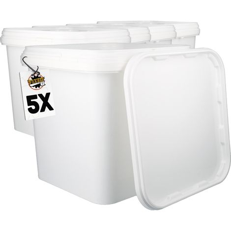 5x Seau en plastique avec couvercle, PP, carré, blanc, qualité alimentaire 5,4 L