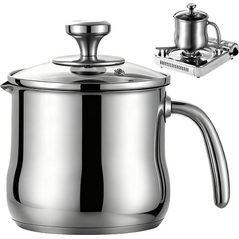 Milk Pot with Steel Spout, 2L Stainless Steel Stock Pot, Sauce Pan with Glass Lid, Stainless Steel Milk Jug for Sauces, Cooking Milk, Sauce, Pasta, 14 cm, Lid with Steam Hole (1/5)