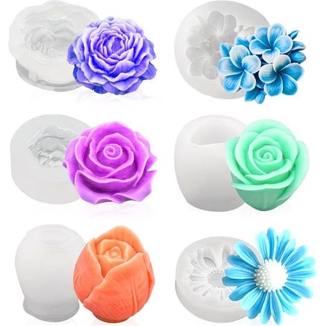 Moule à bougie en silicone à motifs floraux (6 pièces) : rose, marguerite, gardénia, tulipe, pivoine et plus encore. (1/4)