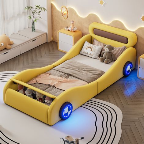 Lit enfant voiture 90x200 cm rembourré, PU jaune, avec roues lumineuses et rangement intégré (1/5)