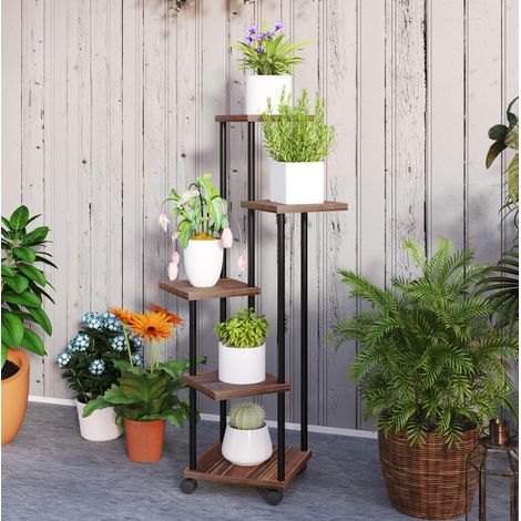 Scaffale per piante a 5 livelli con ruote, 59 x 59 x 110 cm, in acciaio e legno, nero HAVRYA (1/5)