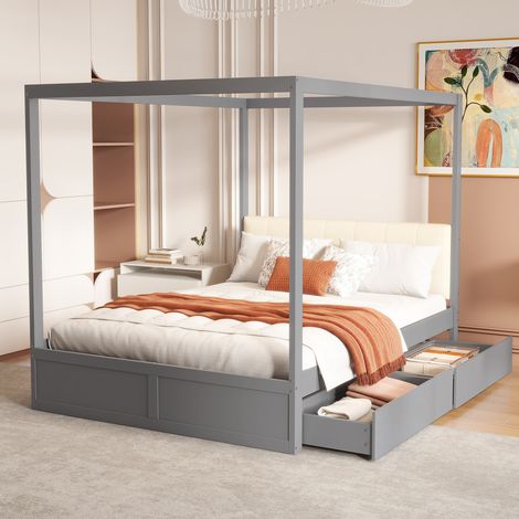 Cama dosel 140x200 cm de madera gris con cabecero tapizado y 2 cajones (1/5)