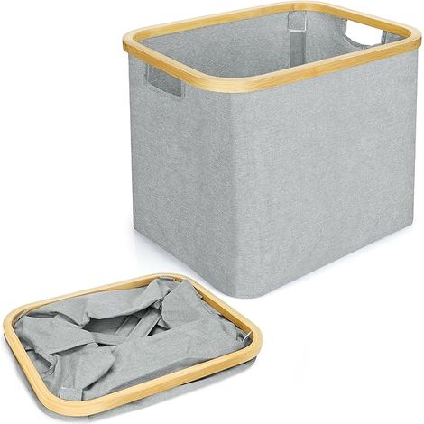 Faltbarer Aufbewahrungskorb aus Stoff, Kanten aus Bambus, platzsparend, Fassungsvermögen 50 l, Polyester – Bambus, Grau und Holz