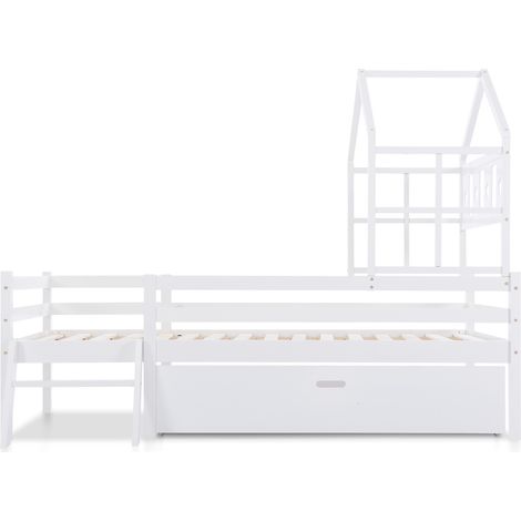 Lit cabane enfant en bois massif blanc, 90x200cm, avec échelle, tiroirs de rangement et sommier à lattes, barrière de sécurité anti-chute, lit superposé sans matelas (1/5)