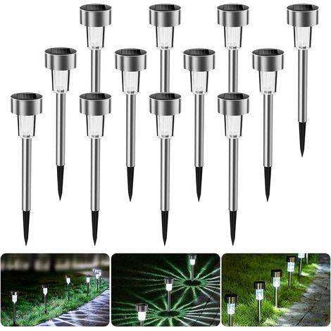 Ensemble de lampes solaires d'extérieur pour jardin, 12 LED, en acier inoxydable, étanches, pour pelouses et allées (lumière blanche) (1/5)