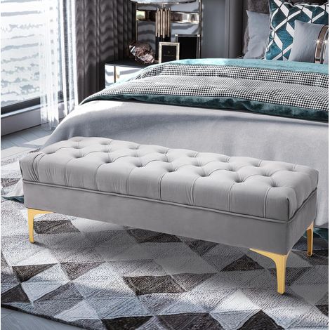 Banc capitonné 118x45x42 cm en velours gris clair, gain de place pour chambre et entrée FloraGrace (1/5)