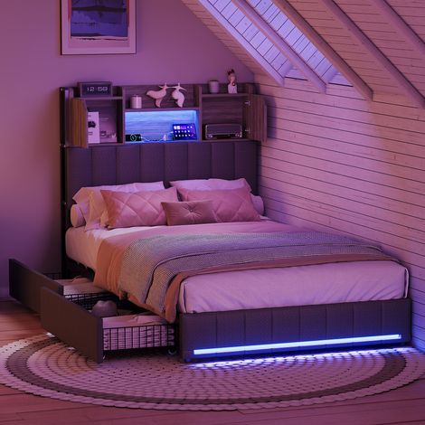Lit 90x200 avec tiroirs,lit simple,avec LED réglable et chargement USB,2 tiroirs,tissu en lin,gris
