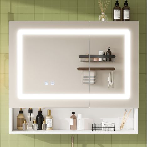 Armoire de toilette miroir 80x17x70 cm blanche en MDF et verre avec LED, antibuée et étagère réglable (1/5)