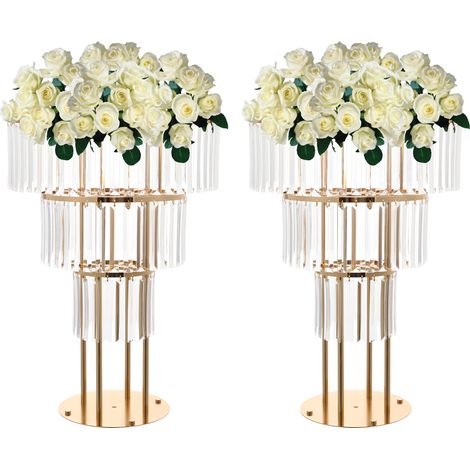 Lot de 2 supports à fleurs en métal à 3 niveaux, présentoir décoratif doré avec pendentifs cristal, centres de table de mariage, pour banquet, fête, événement et réception (72 cm hauteur, base rond) (1/5)