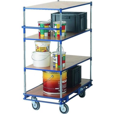 PROVOST - Chariot multiservice 4 niveaux en acier bleu - Plateau bois verni - Roulettes pivotantes