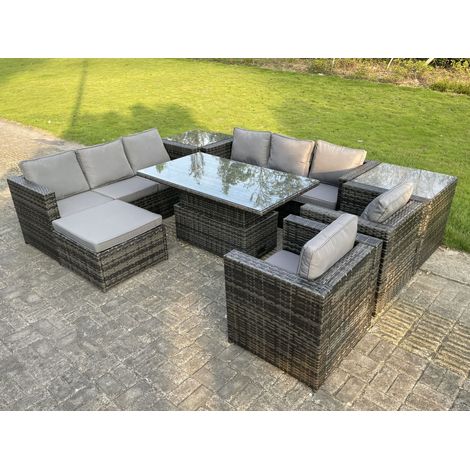 Fimous 9 Seater Outdoor Rattan Garden Furniture Adjustable Rising Lifting Table With 2 Side Coffee Tables Chairs Footstool (1/4)