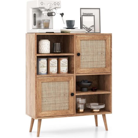 Goplus – Bibliothèque scandinave 80 x 29,5 x 97 cm – 2 portes en rotin – Armoire de rangement avec dispositif anti-basculement – Style naturel (1/5)