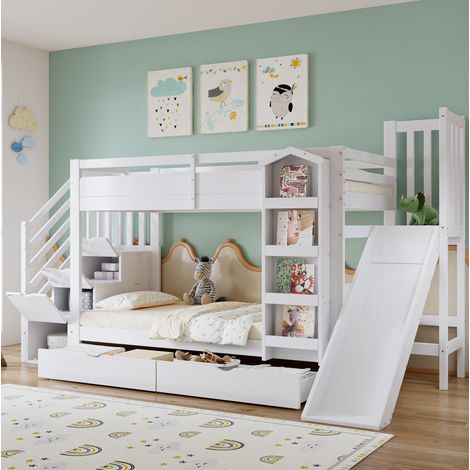 Lit superposé enfant 90x200 avec toboggan blanc HAVRYA (1/5)