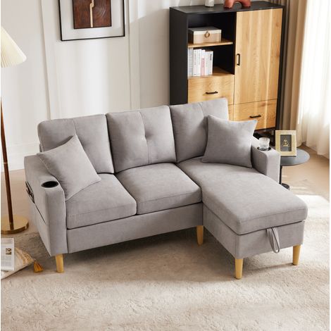 Canapé d'angle 175x129x90 cm gris clair en coton et lin avec méridienne réversible et rangement (1/5)