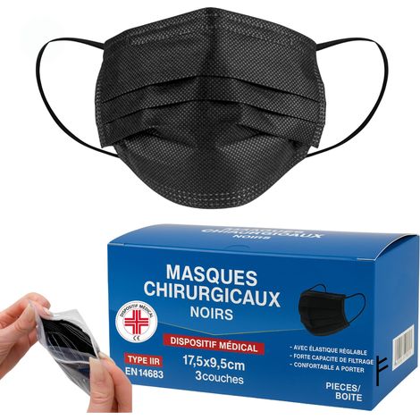 Masques CHIRURGICAUX noir bleu certifiés CE Type IIR BFE ≥ 98% DISPOSITIF MÉDICAL 3 couches de protection chirurgical Ministère de la Santé + crochet économiseur d'oreille (1/5)