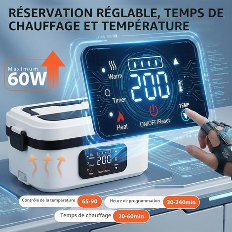 Boîte à lunch chauffante rechargeable sur batterie avec fonction de chauffage programmable, boîte à lunch en acier inoxydable de 1 litre, comprenant des couverts et un sac isotherme, adaptée à une uti (1/4)