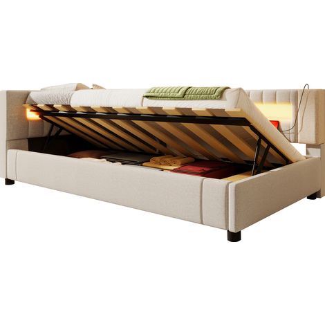 CHICFURN Sofá cama 90x200 cm con LED, almacenamiento hidráulico, puertos USB y Type-C, tapizado en tela beige, sin colchón, para dormitorio, salón y despacho (1/5)
