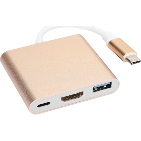 Adaptateur convertisseur USB-C vers HDMI 3 en 1 portable et multifonctionnel avec boîtier en métal (doré)
