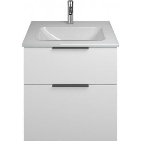 Burgbad Eqio Glas-Waschtisch mit Unterschrank, 2 Auszüge und Griffleiste Weiß Hochglanz/Alpinweiss 62 cm Schwarz matt (1/2)