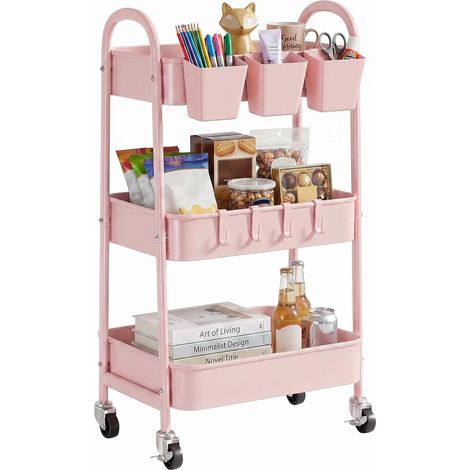 desserte à roulettes en métal avec Roues, gobelets Suspendus et Crochets, desserte Cuisine, Chariot de Rangement, Salle de Bain, Bureau, Atelier, Rose (1/5)