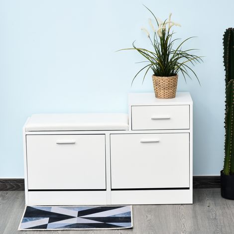 Armoire à chaussures moderne avec banc rembourré 12 paires - 94,5x57x30 cm - design élégant en bois - meuble de couloir blanc pratique (1/4)