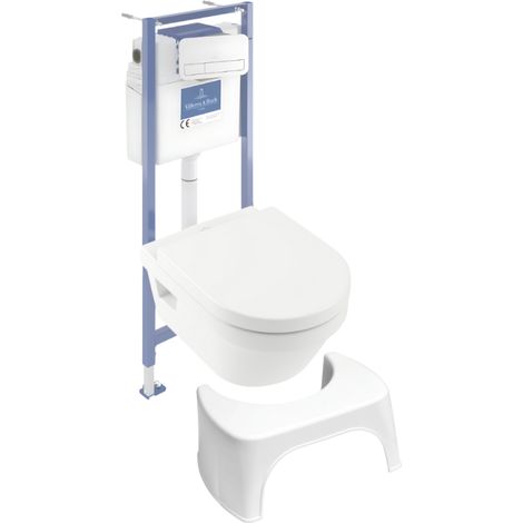 Pack inodoro sin reborde VILLEROY ET BOCH Architectura con asiento + estructura de soporte de suelo y pared Viconnect PRO + placa blanca + taburete blanco