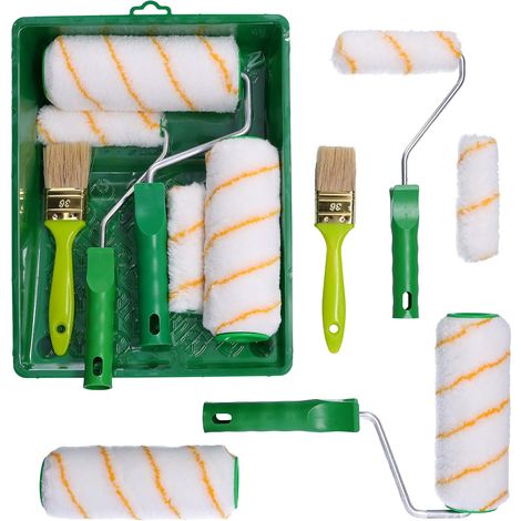 9 Pièces Rouleau Kit - 2 x 18 cm et Mini Rouleaux 2 x 11 cm avec Manche - Pinceau 2 x 36 mm avec Bac - pour Peinture Murale Interieur Mur - Outils pour Application Crepi Sous Couche Plafond (1/5)
