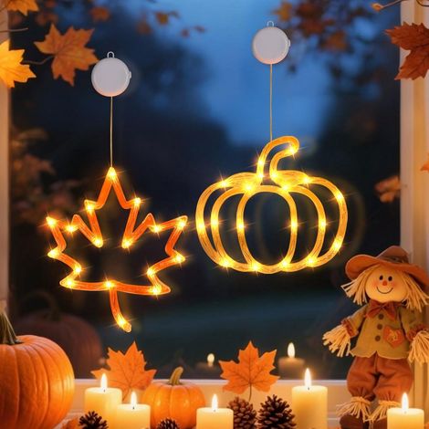 Lueur Fenêtre Automne Citrouille Feuille Érable LED Ventouse Halloween Déco Intérieur Chauffante (1/5)