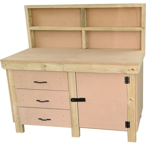 Wooden MDF top workbench, tool cabinet with lockable cupboard (V.3) (H-90cm, D-70cm, L-120cm) with back and double shelf (1/4)