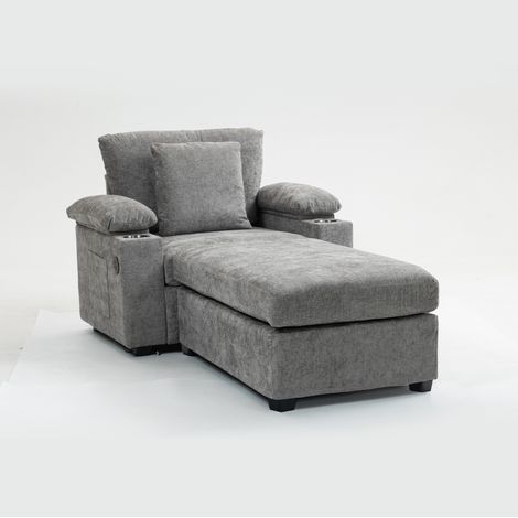Chaise longue individual de chenilla gris con portavasos y carga USB (1/5)