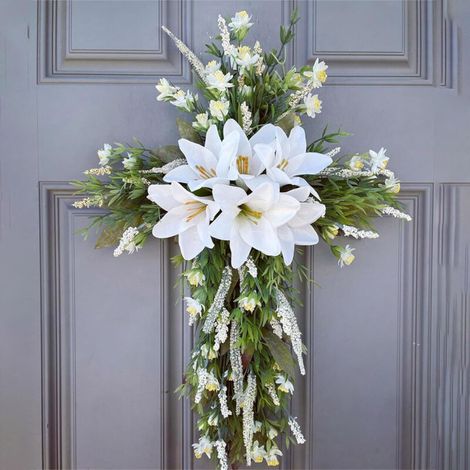 Couronne de lys de Pâques, croix, panneau de porte, décorations suspendues en bois de Pâques, fleurs de lys artificielles, décoration de Pâques, cintre chrétien de printemps Jésus pour porte d'entrée (1/5)