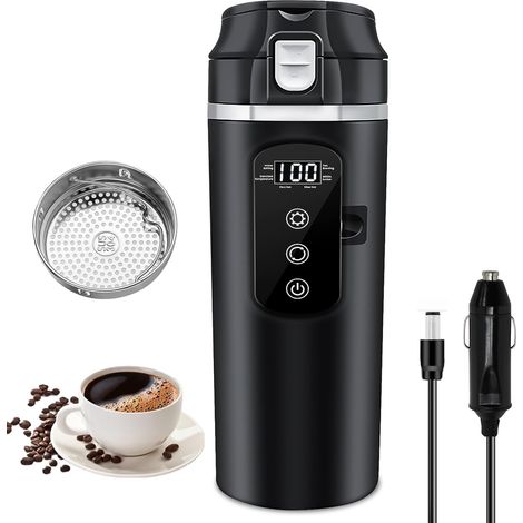 Bouilloire de voiture 12V/24V CC, mini bouilloire de voyage portable en acier inoxydable avec écran LCD et contrôle de la température, tasse chauffante pour voiture et camion (1/5)