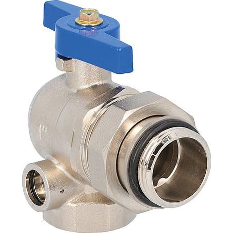 Robinet a boisseau spherique equerre laiton DN25 poignee pap bleu prise pr thermometre (1/5)