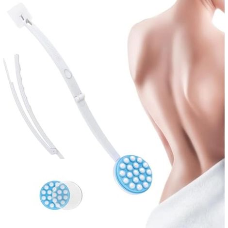 Brosse de massage applicatrice pour soins corporels améliorée (avec 19 rouleaux de massage, manche long pliable) Bleue (1/5)