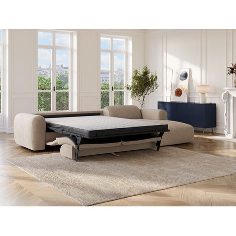 Grand canapé d'angle droit convertible express en velours côtelé fines côtes beige - Matelas 13 cm mémoire de forme POGNI (1/4)
