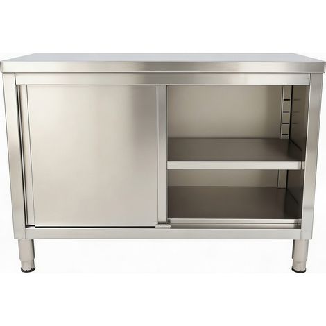 Plan de travail de cuisine avec rangements, plan de travail en acier inoxydable, avec portes coulissantes, 120 x 50 x 86 cm, adapté aux restaurants, garages et entrepôts (1/5)